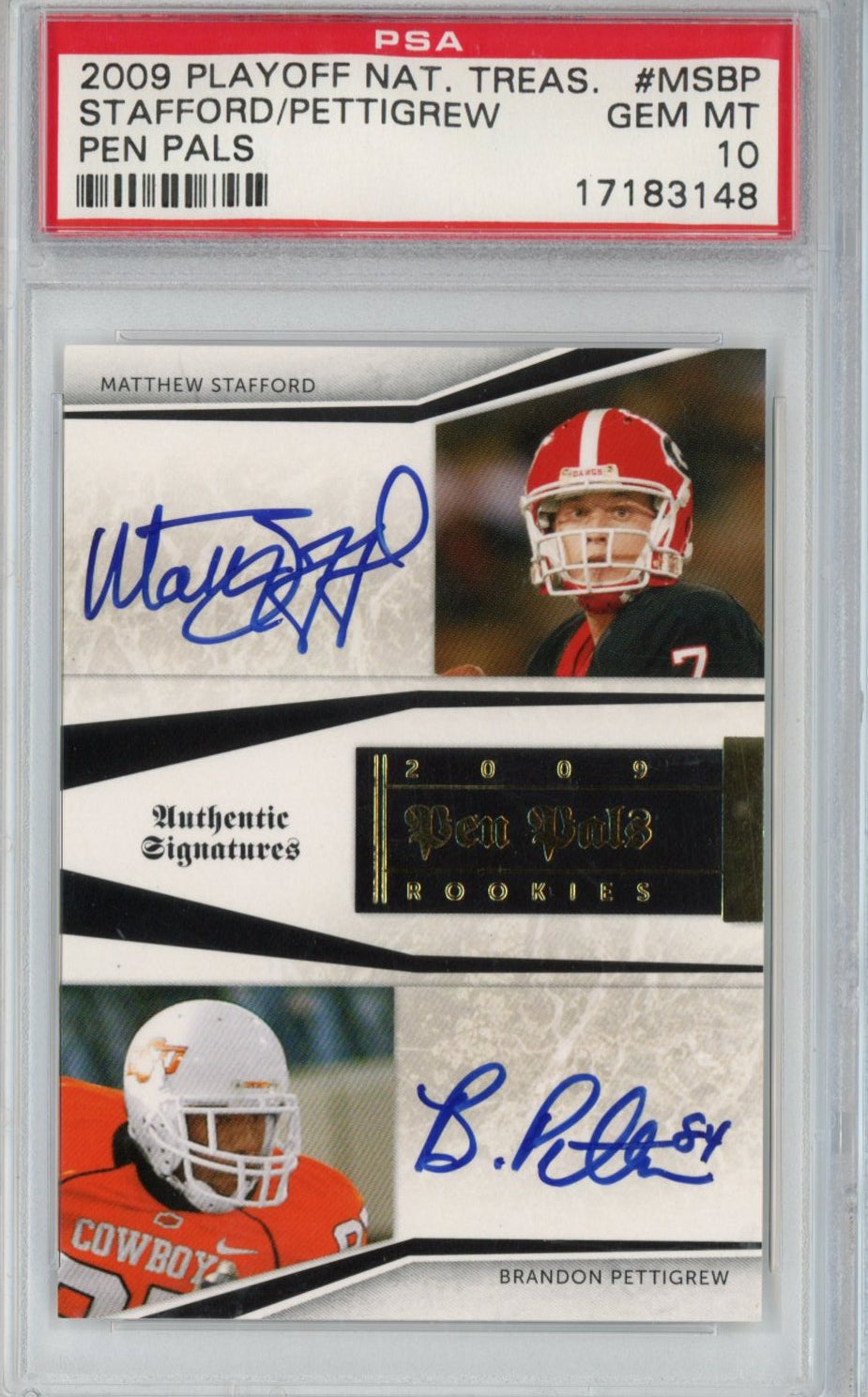 Graded 2009 Panini Playoff National Treasures Matthew Stafford Brandon Pettigrew #MSBP Pen Pals Rookie RC Auto Football Card PSA 10 Gem Mint