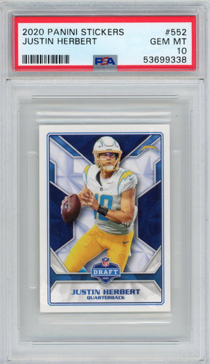 Graded 2020 Panini Stickers Justin Herbert #552 Rookie RC Football Card PSA 10 Gem Mint