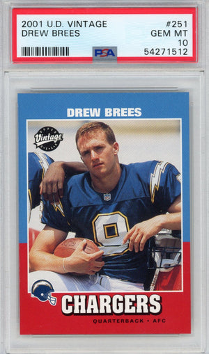 Graded 2001 Upper Deck UD Vintage Drew Brees #251 Rookie RC Football Card PSA 10 Gem Mint