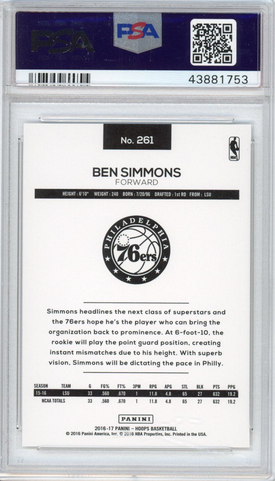 Graded 2016-17 Panini Hoops Ben Simmons #261 Rookie RC Basketball Card PSA 10 Gem Mint