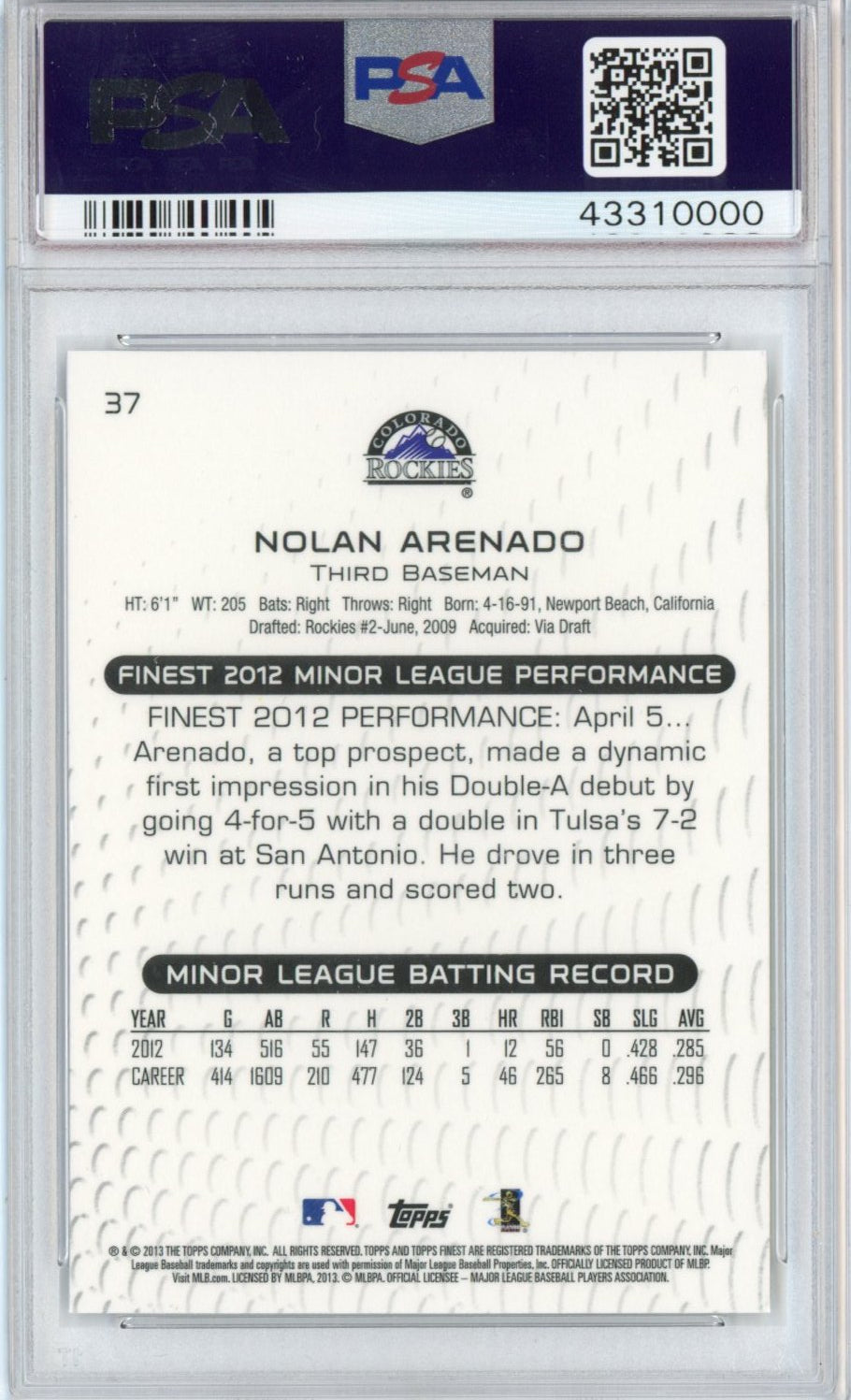 Graded 2013 Topps Finest Nolan Arenado #37 Rookie RC Baseball Card PSA 10 Gem Mint