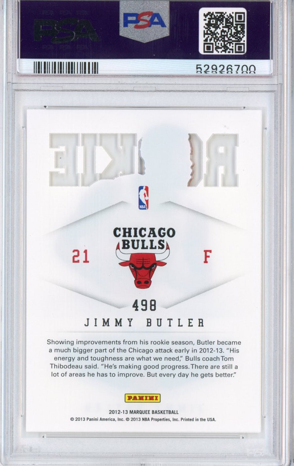 Graded 2012-13 Panini Marquee Jimmy Butler #498 Rookie RC Basketball Card PSA 10 Gem Mint