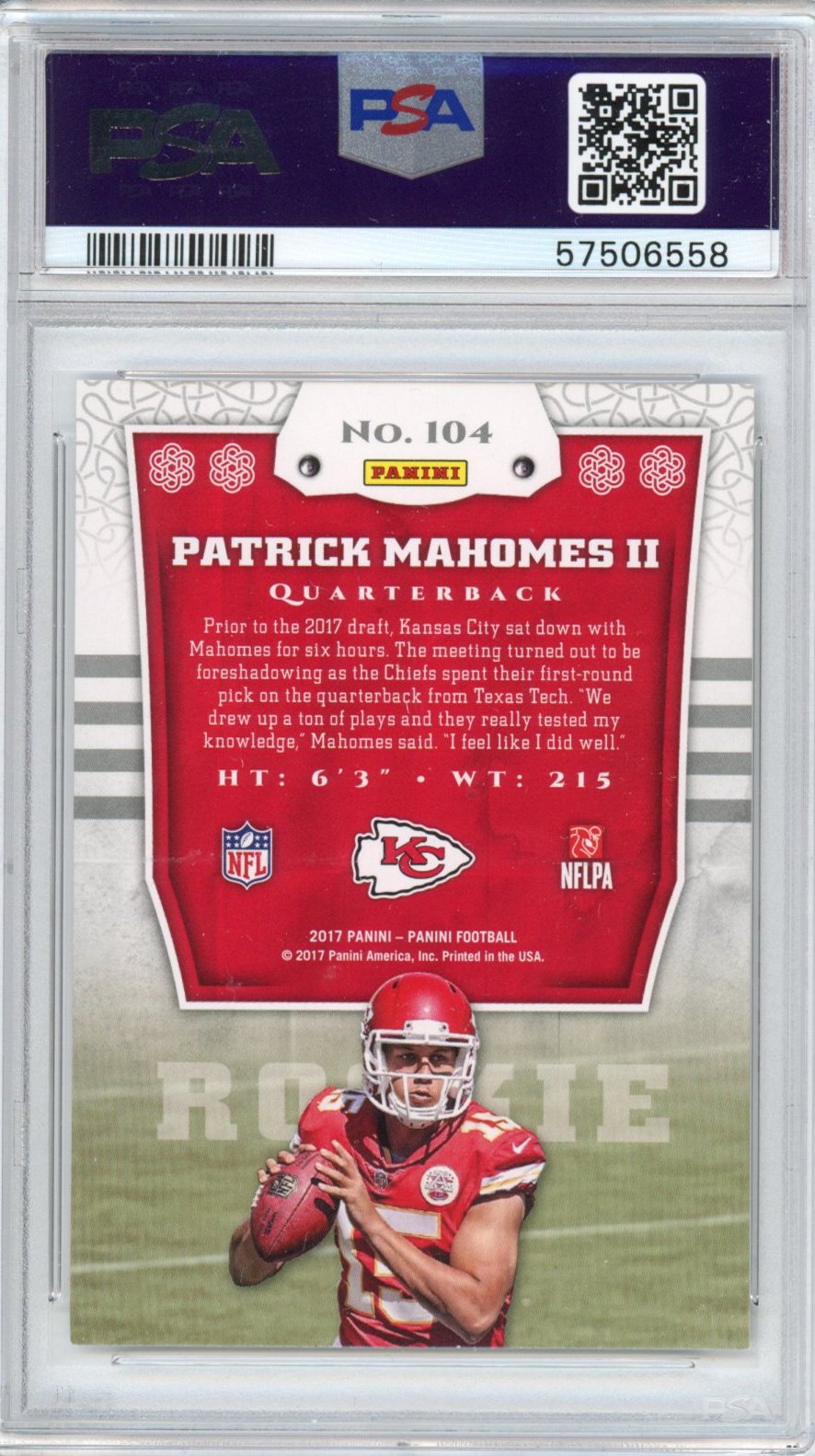 Graded 2017 Panini Patrick Mahomes II #104 Rookie RC Football Card PSA 9 Mint