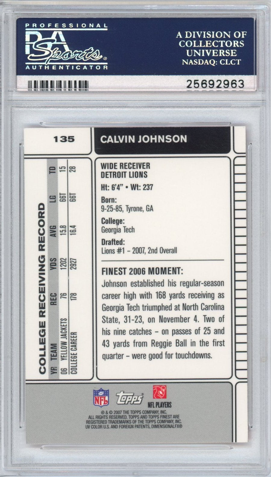 Graded 2007 Topps Finest Calvin Johnson #135 Rookie RC Football Card PSA 10 Gem Mint
