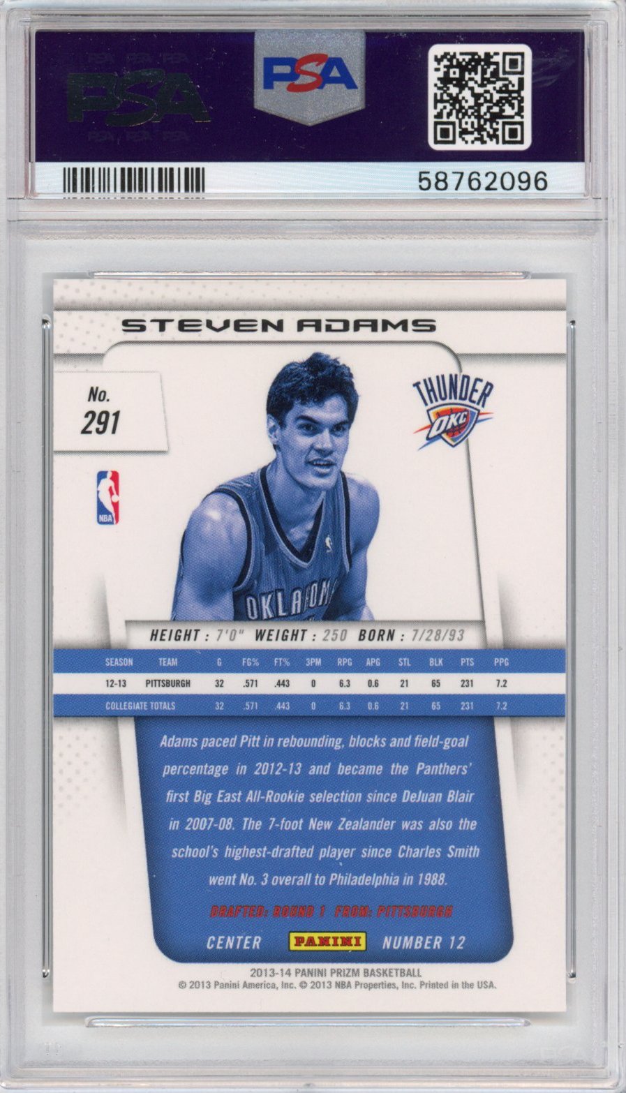Graded 2013-14 Panini Prizm Steven Adams #291 Rookie RC Basketball Card PSA 10 Gem Mint