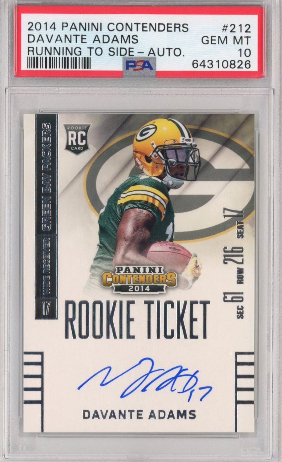 Graded 2014 Panini Contenders Davante Adams #212 Running To Side Autographed Auto Rookie Ticket RC Football Card PSA 10 Gem Mint