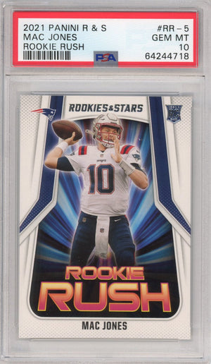 Graded 2021 Panini Rookies & Stars Mac Jones #RR-5 Rookie Rush RC Football Card PSA 10 Gem Mint