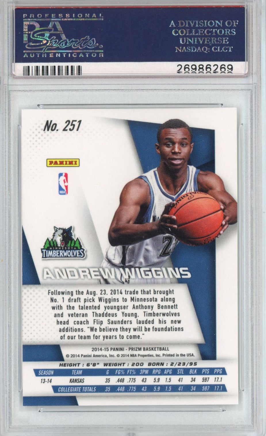 Graded 2014-15 Panini Prizm Andrew Wiggins #251 Rookie RC Basketball Card PSA 10 Gem Mint