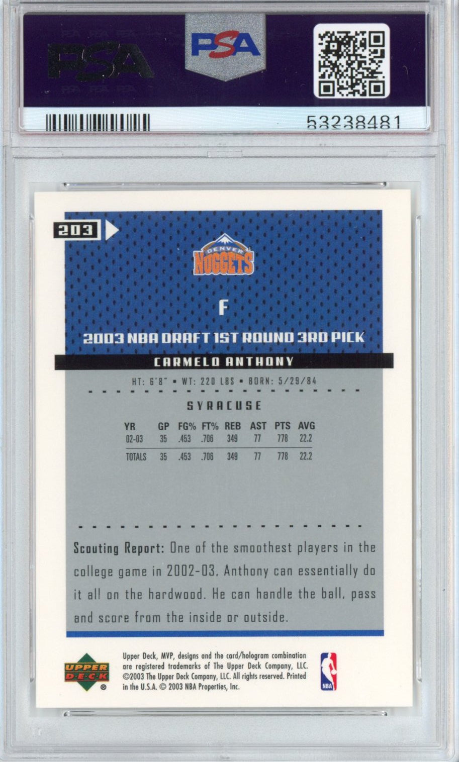 Graded 2003-04 Upper Deck UD MVP Carmelo Anthony #203 Rookie RC Basketball Card PSA 10 Gem Mint