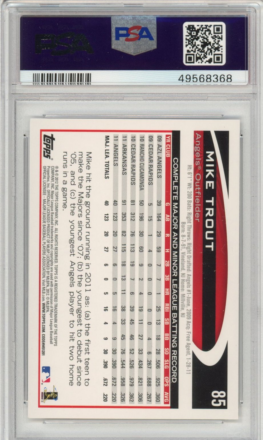 Graded 2012 Topps Opening Day Mike Trout #85 Rookie RC Baseball Card PSA 10 Gem Mint