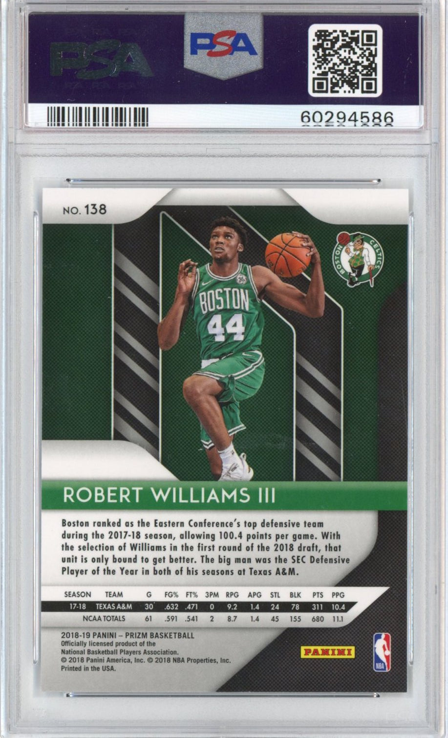 Graded 2018-19 Panini Prizm Robert Williams III #138 Rookie RC Basketball Card PSA 10 Gem Mint