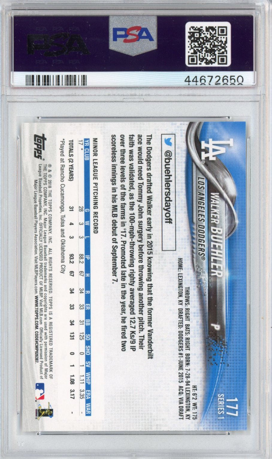 Graded 2018 Topps Walker Buehler #177 Rookie RC Baseball Card PSA 10 Gem Mint