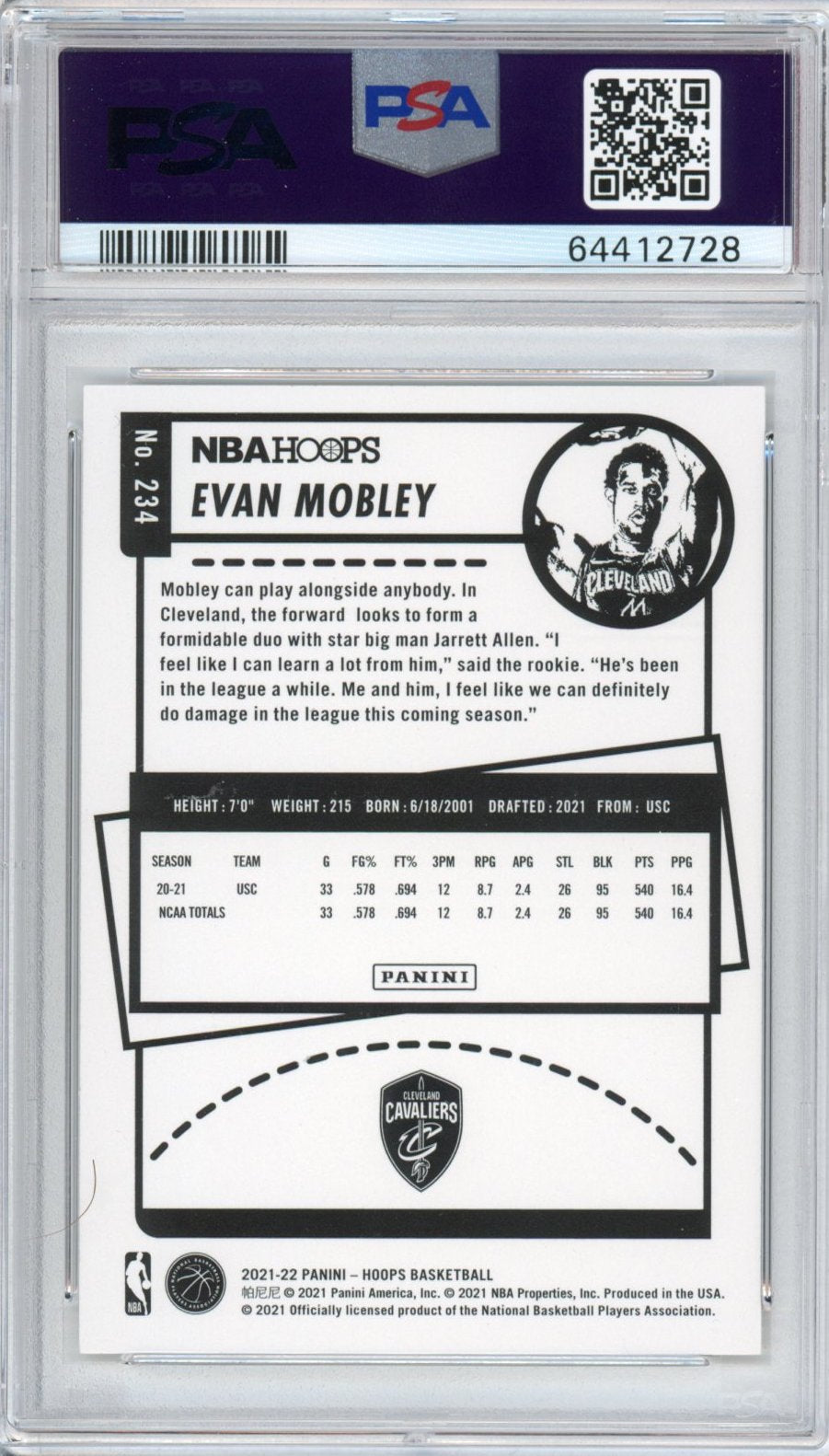 Graded 2021-22 Panini NBA Hoops Evan Mobley #234 Rookie RC Basketball Card PSA 10 Gem Mint