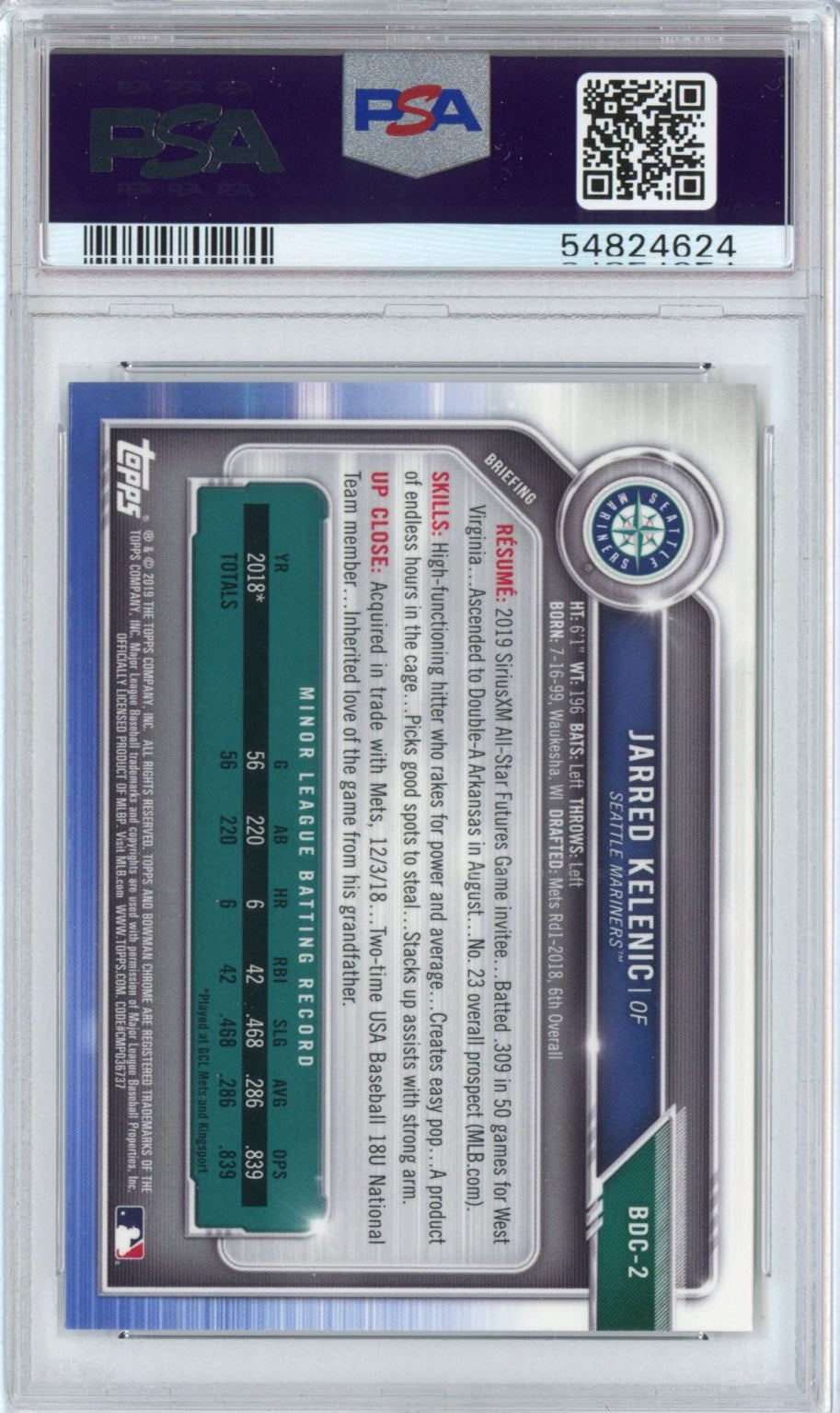 Graded 2019 Bowman Draft Chrome Jarred Kelenic #BDC2 Rookie RC Baseball Card PSA 10 Gem Mint