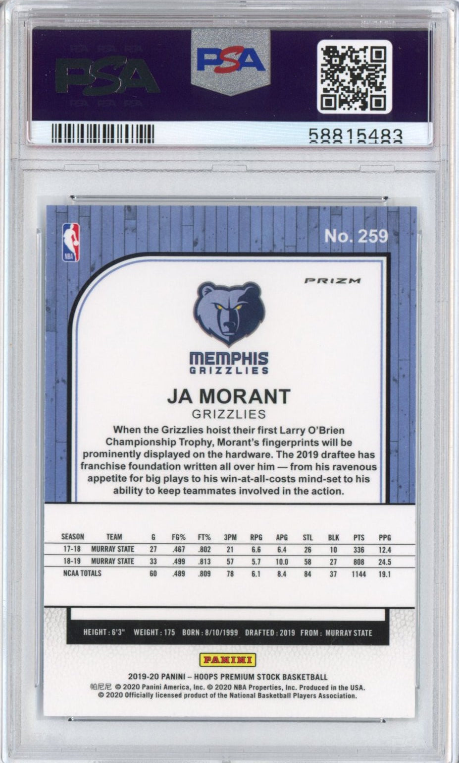 Graded 2019-20 Panini Hoops Premium Stock Ja Morant #259 Pulsar Rookie RC Basketball Card PSA 10 Gem Mint