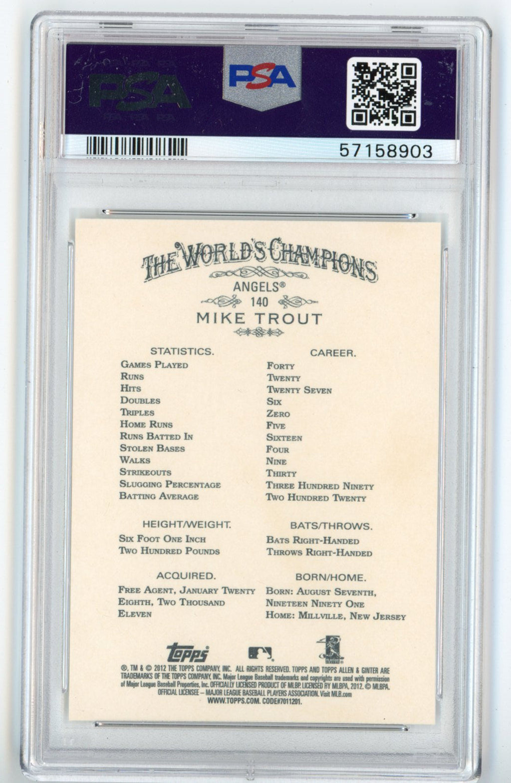 Graded 2012 Topps Allen & Ginter Mike Trout #140 Rookie RC Baseball Card PSA 10 Gem Mint