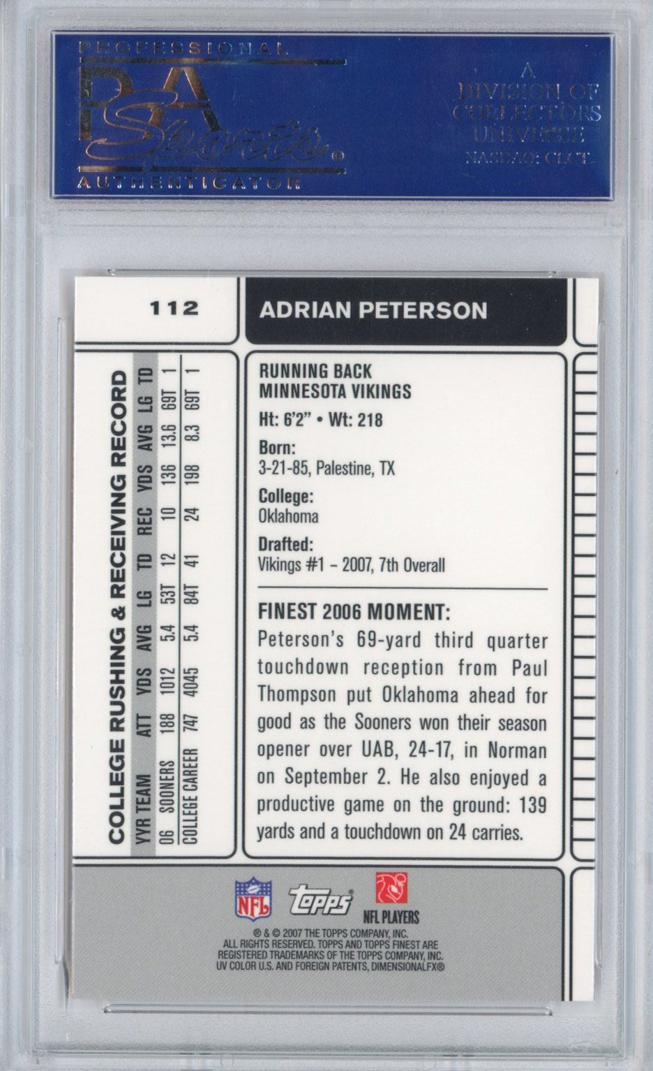 Graded 2007 Topps Finest Adrian Peterson #112 Rookie RC Football Card PSA 10 Gem Mint