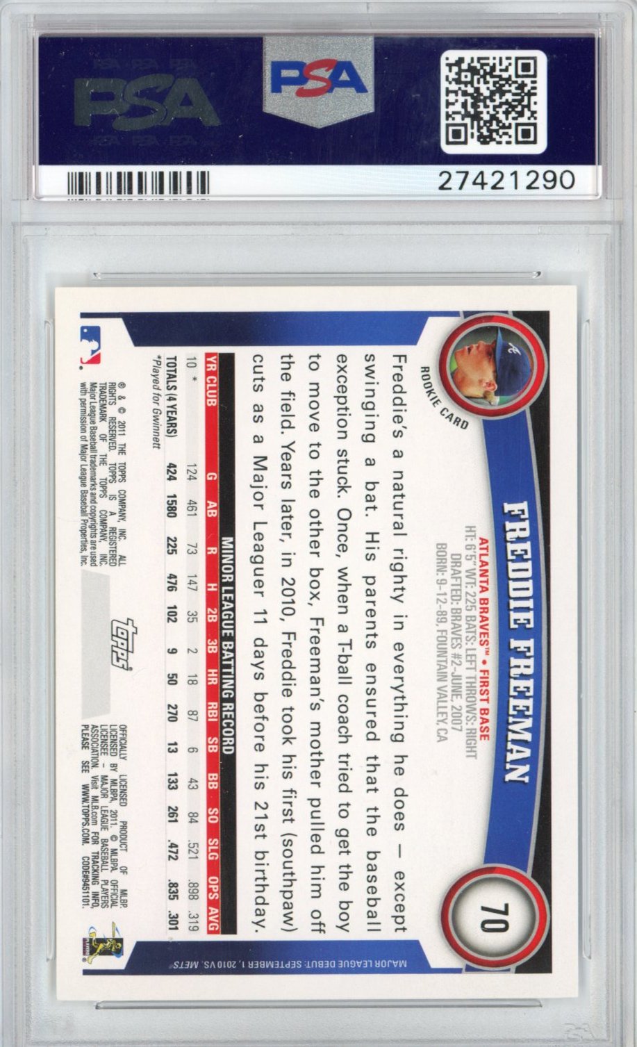 Graded 2011 Topps Opening Day Freddie Freeman #70 Rookie RC Baseball Card PSA 10 Gem Mint