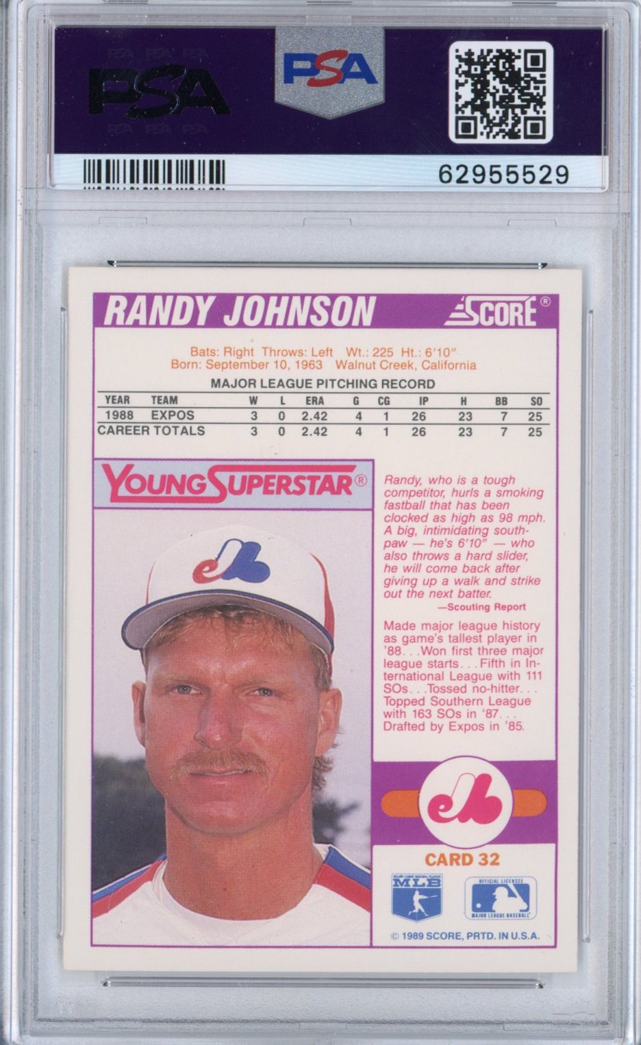 Graded 1989 Score Young Superstar Randy Johnson #32 Series 2 Rookie RC Baseball Card PSA 10 Gem Mint