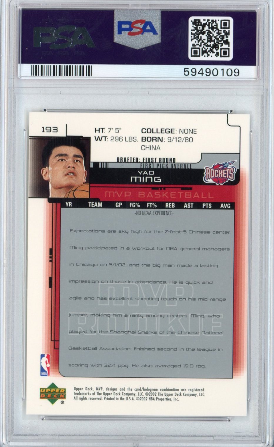 Graded 2002-03 Upper Deck UD MVP Yao Ming #193 Rookie RC Basketball Card PSA 10 Gem Mint