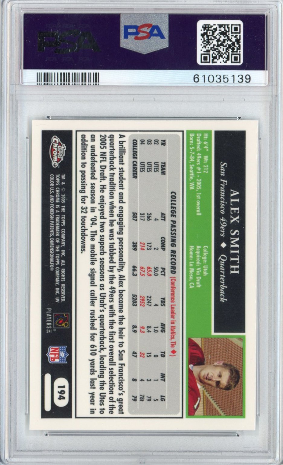 Graded 2005 Topps Chrome Alex Smith #194 Rookie RC Football Card PSA 10 Gem Mint