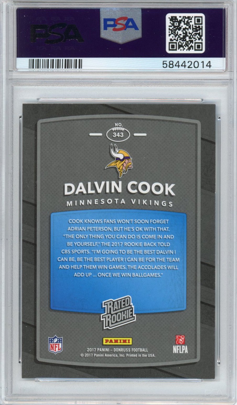 Graded 2017 Panini Donruss Dalvin Cook #343 Rookie RC Football Card PSA 10 Gem Mint