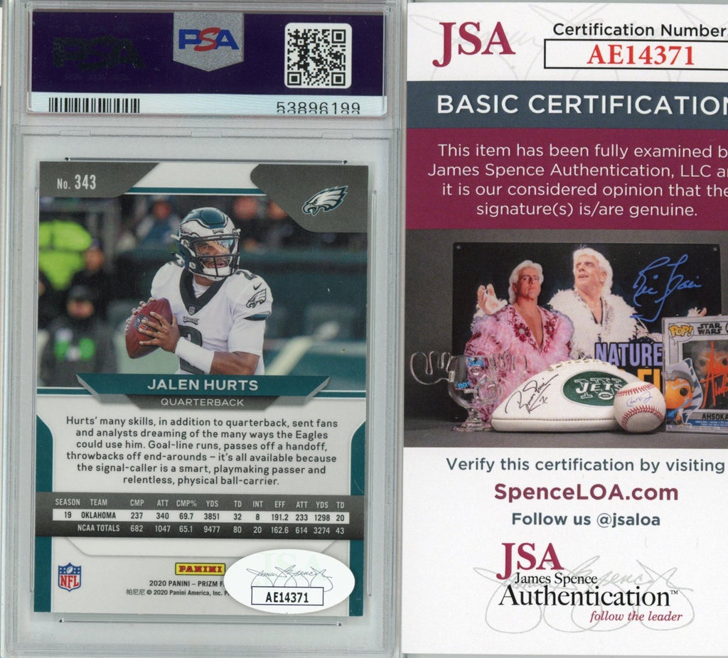 Graded 2020 Panini Prizm Jalen Hurts #343 AUTO Rookie RC Football Card PSA 10 JSA COA