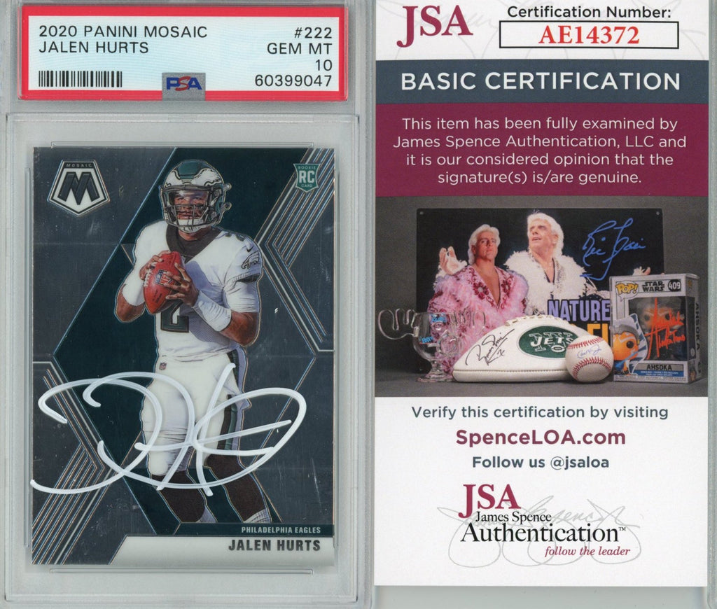 Graded 2020 Panini Mosaic Jalen Hurts #222 AUTO Rookie RC Football Card PSA 10 JSA COA