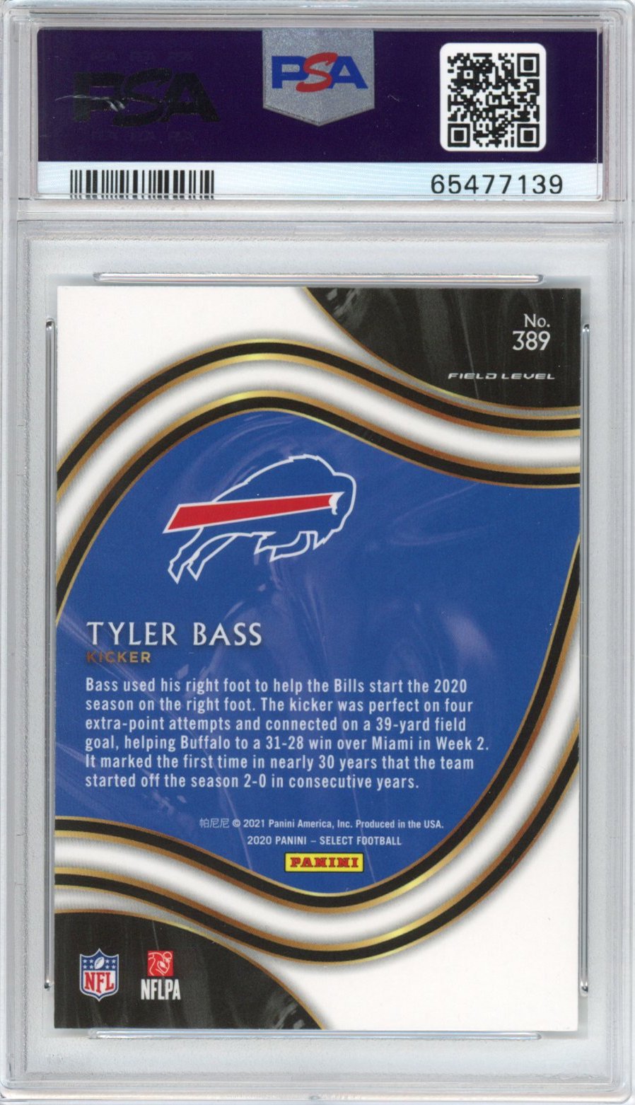 Graded 2020 Panini Select Tyler Bass #389 Field Level Jersey Rookie RC Football Card PSA 10 Gem Mint