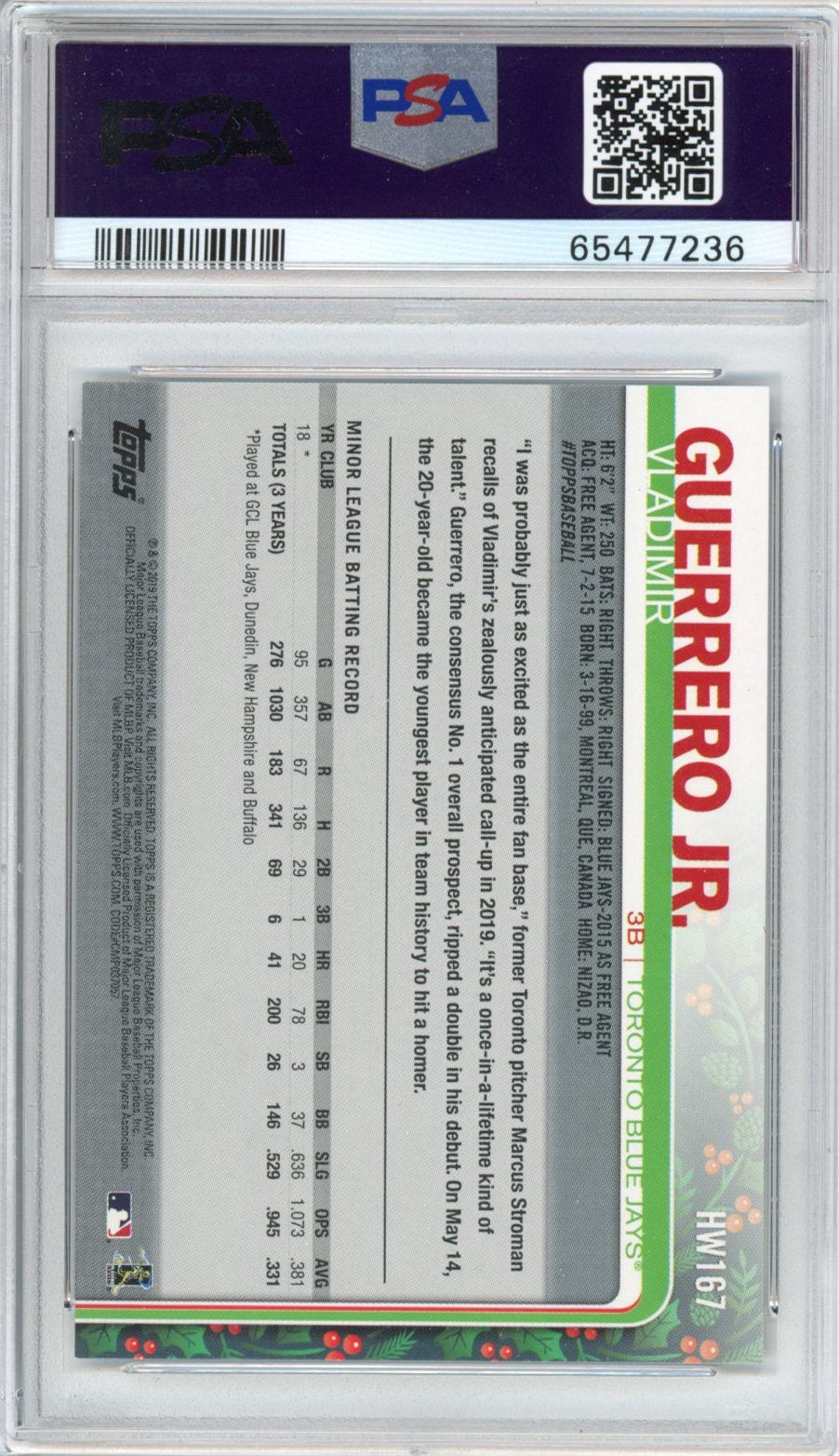 Graded 2019 Topps Holiday Vladimir Vlad Guerrero Jr. #167 Metallic Rookie RC Baseball Card PSA 10 Gem Mint