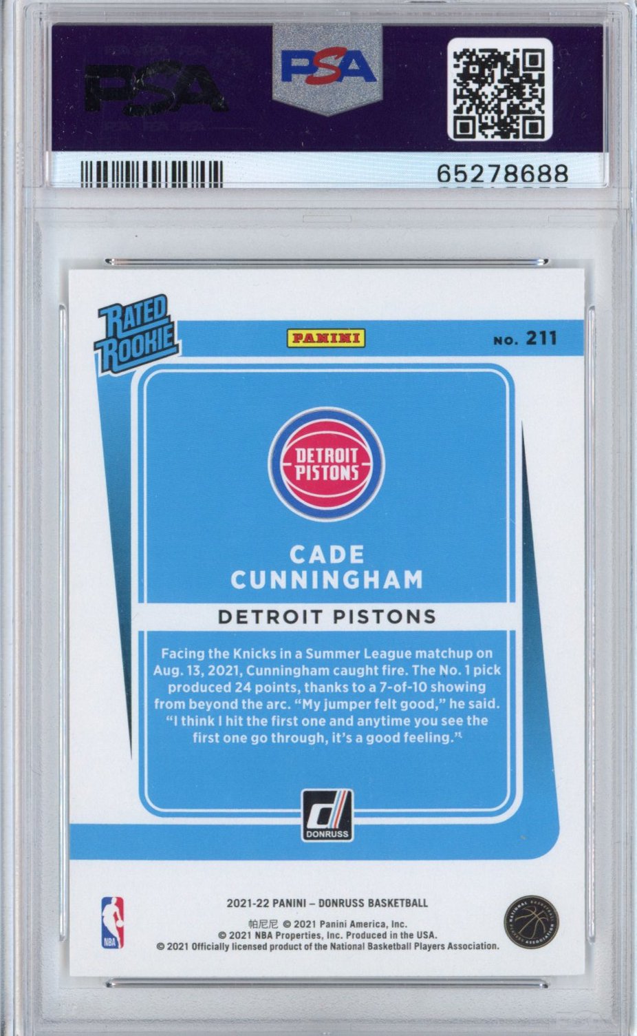Graded 2021-22 Panini Donruss Cade Cunningham #211 Rookie RC Basketball Card PSA 10 Gem Mint