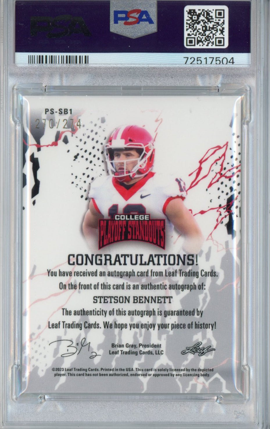 Graded 2023 Leaf College Playoff Standouts Stetson Bennett #SB1 Autographed  #/274 Rookie RC Football Card PSA/DNA 8 Auto Grade 10