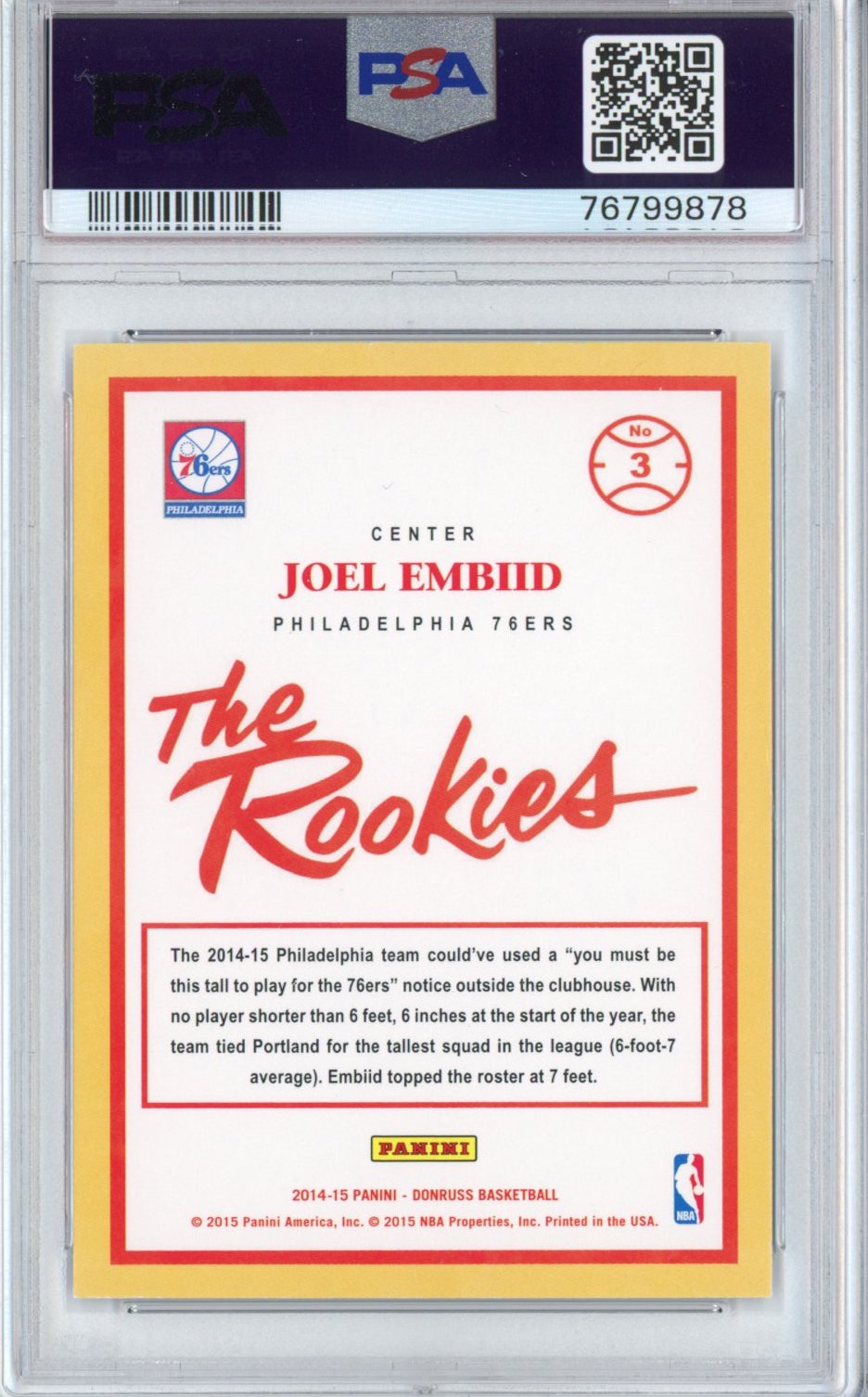 Graded 2014-15 Panini Donruss Joel Embiid #3 The Rookies RC Basketball Card PSA 9 Mint