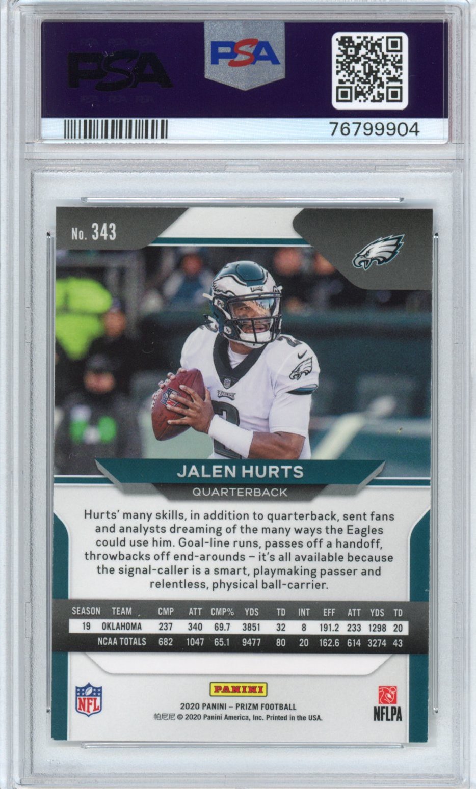 Graded 2020 Panini Prizm Jalen Hurts #343 Rookie RC Football Card PSA 9 Mint