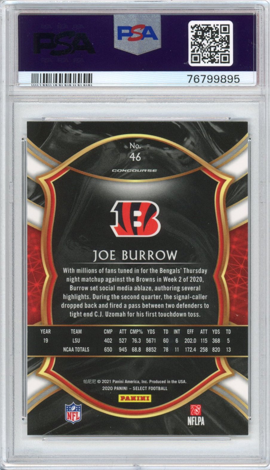 Graded 2020 Panini Select Joe Burrow #46 Rookie RC Football Card PSA 9 Mint