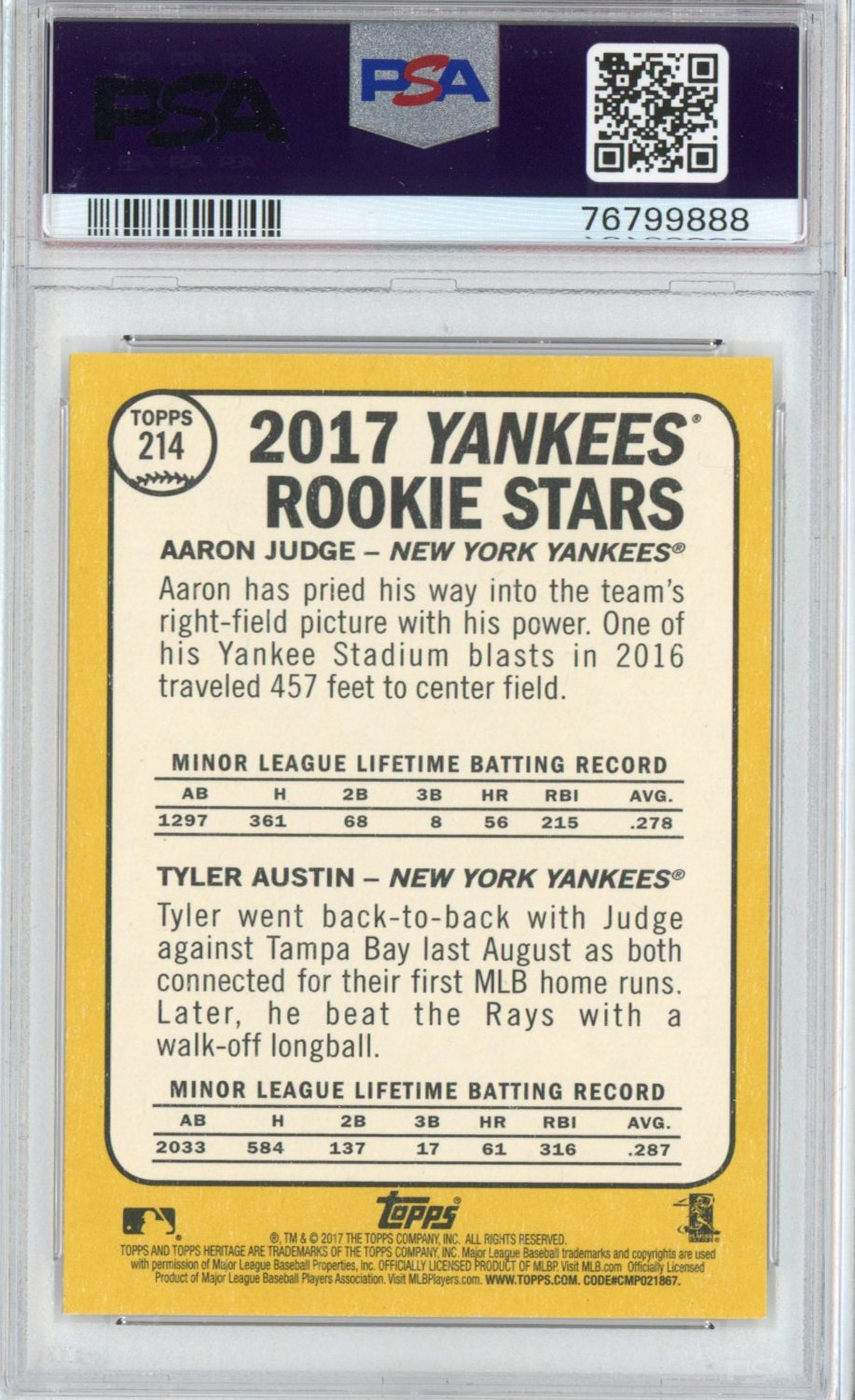 Graded 2017 Topps Heritage Aaron Judge Tyler Austin #214 Rookie RC Baseball Card PSA 10 Gem Mint