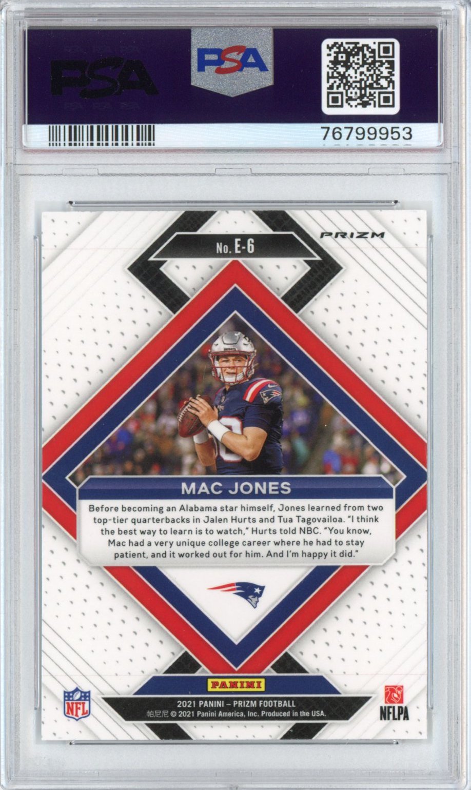 Graded 2021 Panini Prizm Mac Jones #E6 Emergent No Huddle Rookie RC Football Card PSA 10 Gem Mint