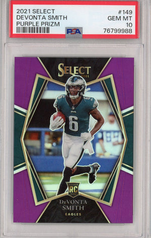 Graded 2021 Panini Select Devonta Smith #149 #/75 Purple Prizm Premier Level Rookie RC Football Card PSA 10