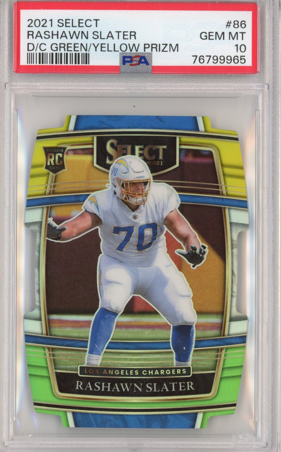 Graded 2021 Panini Select Rashawn Slater #86 Die-Cut Green/Yellow Prizm Concourse Rookie RC Football Card PSA 10 Gem Mint