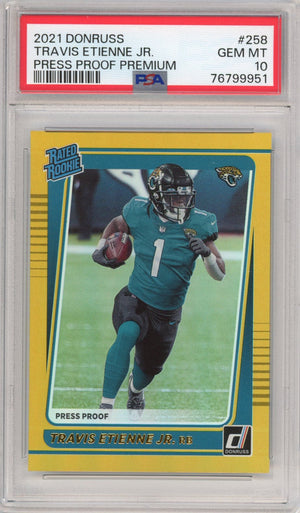 Graded 2021 Panini Donruss Travis Etienne Jr. #258 Press Proof Premium Rated Rookie RC Football Card PSA 10 Gem Mint