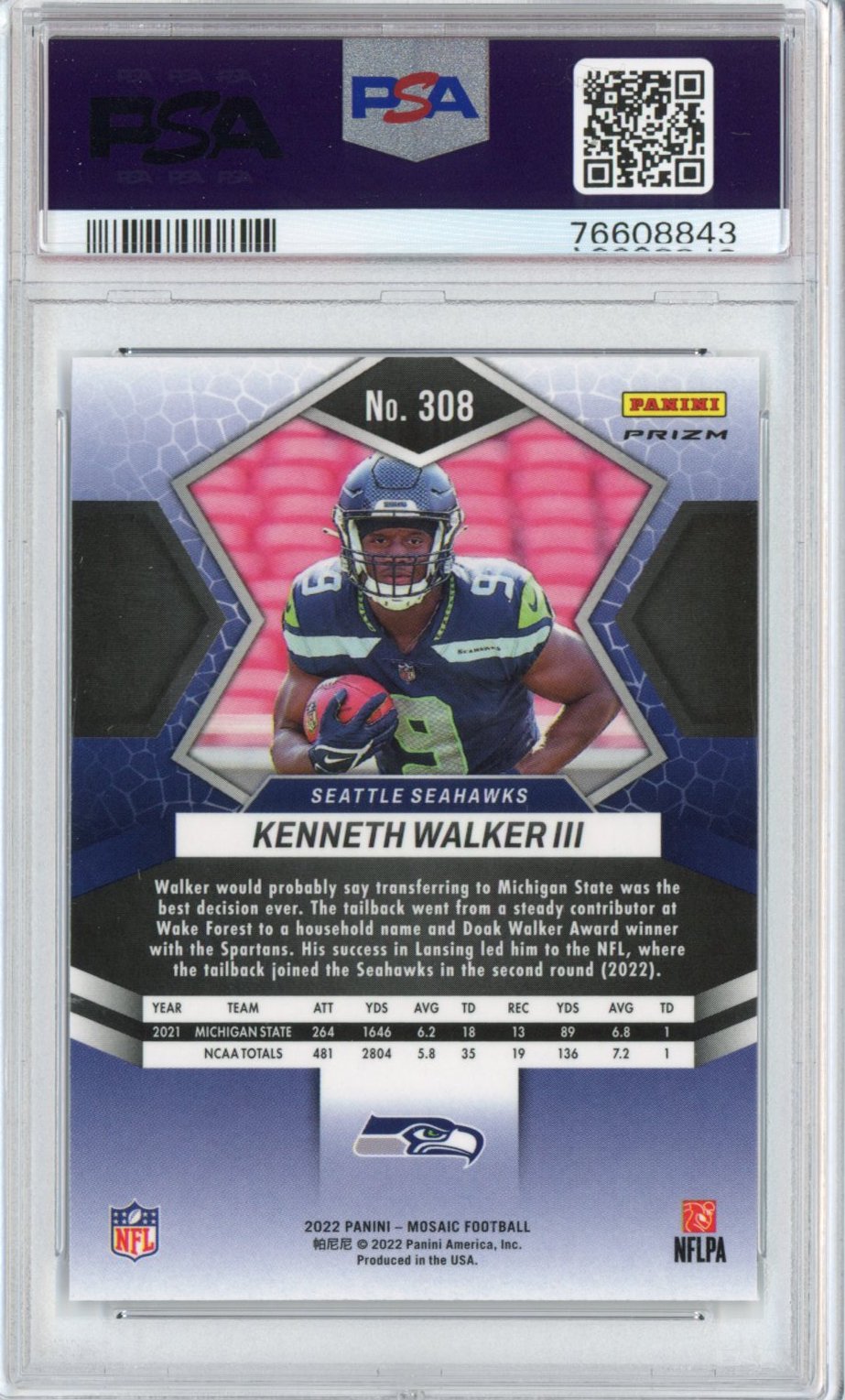 Graded 2022 Panini Mosaic Kenneth Walker III #308 Genesis Prizm Rookie RC Football Card PSA 10 Gem Mint