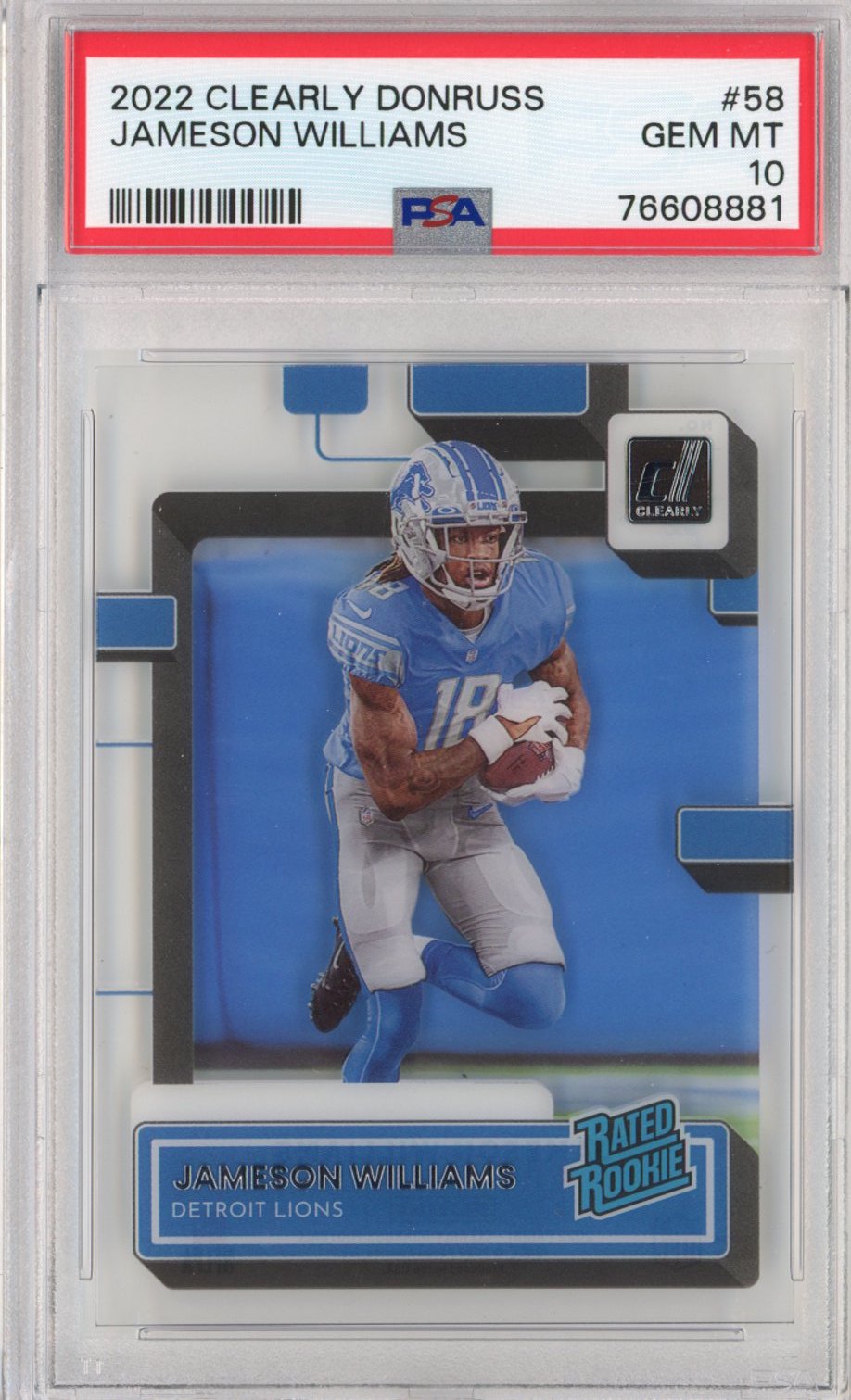 Graded 2022 Panini Clearly Donruss Jameson Williams #58 Rookie RC Football Card PSA 10