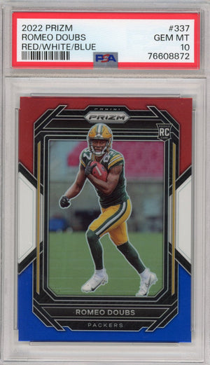 Graded 2022 Panini Prizm Romeo Doubs #337 Red White Blue Rookie RC Football Card PSA 10 Gem Mint
