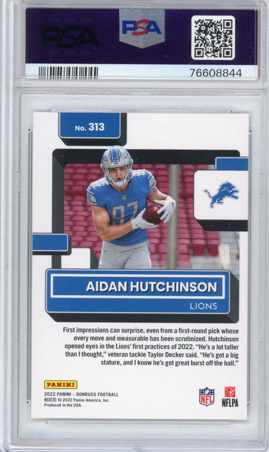 Graded 2022 Panini Donruss Aidan Hutchinson #313 Rookie RC Football Card PSA 10