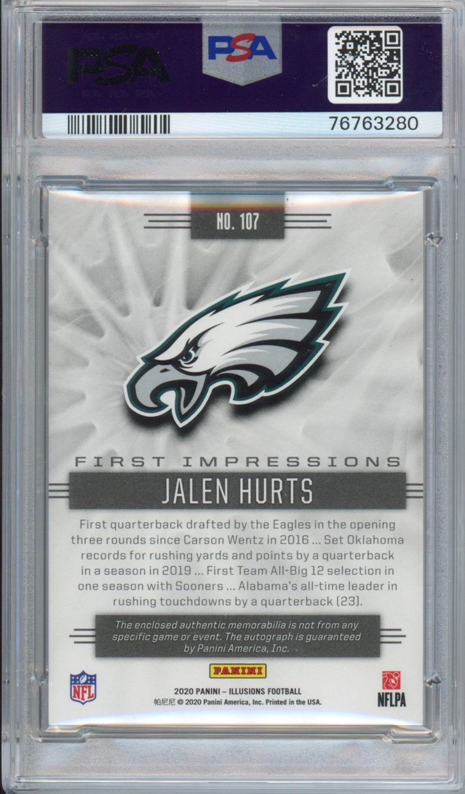 Graded 2020 Panini Illusions Jalen Hurts #107 Memorabilia Jersey Red Rookie RC Football Card PSA 7 Auto 10
