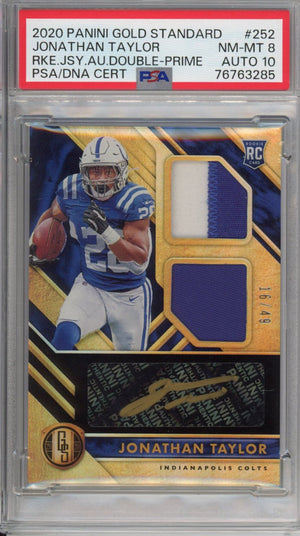 Graded 2020 Panini Gold Standard Jonathan Taylor #252 Double Prime Jersey Rookie RC Football Card PSA 8 Auto 10
