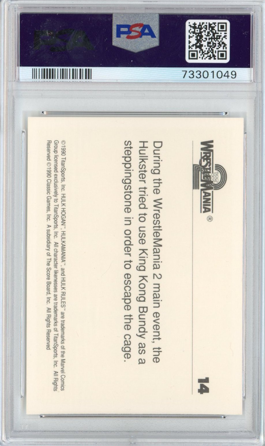 Graded 1990 Classic WWF Series 2 Wrestlemania II #14 History Hulk Hogan King Kong Bundy Wrestling Card PSA 10 Gem Mint