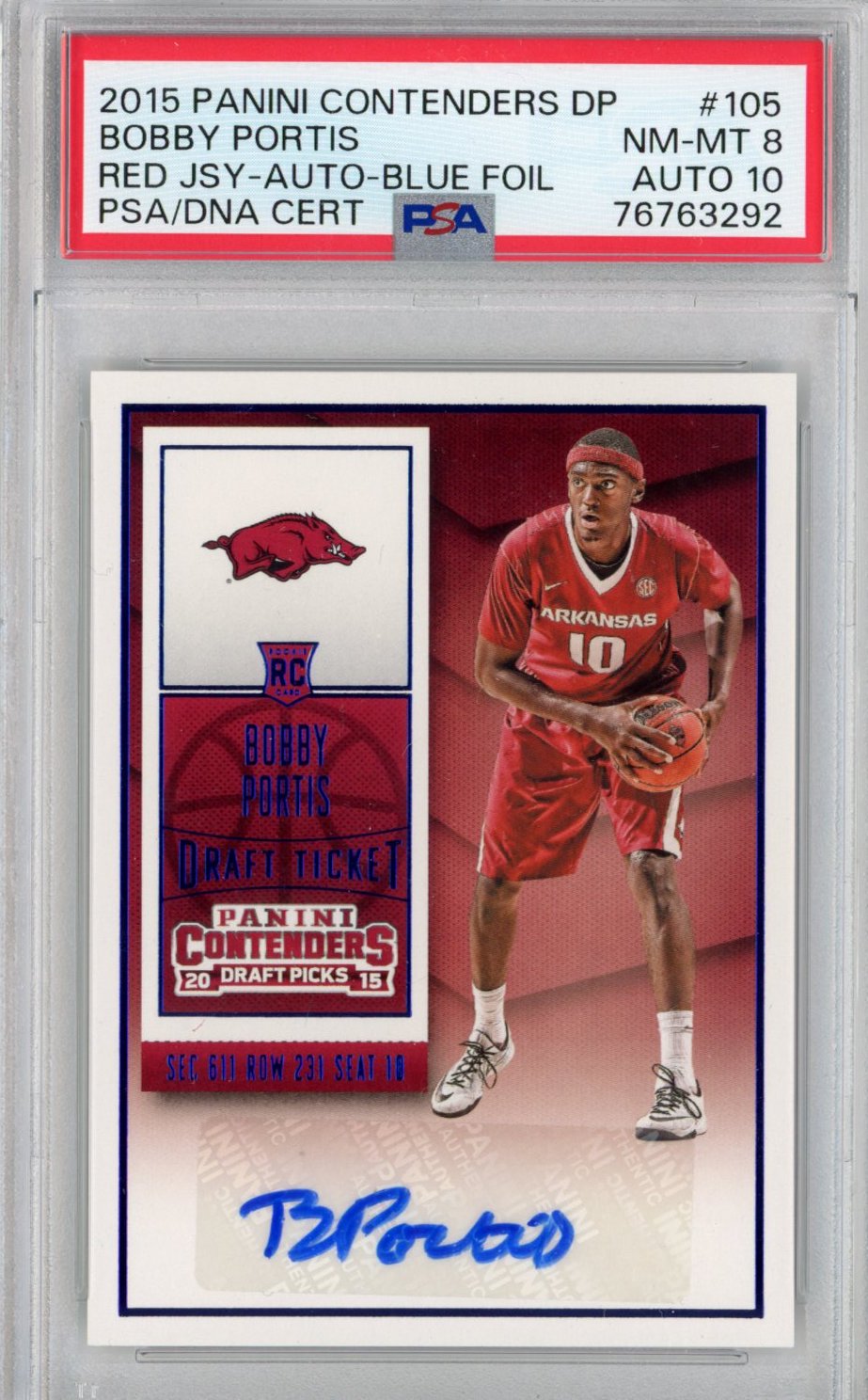 Graded 2015 Panini Contenders Draft Pick Bobby Portis #105 Red Jersey Auto Blue Foil Rookie RC Basketball Card PSA 8 Auto 10