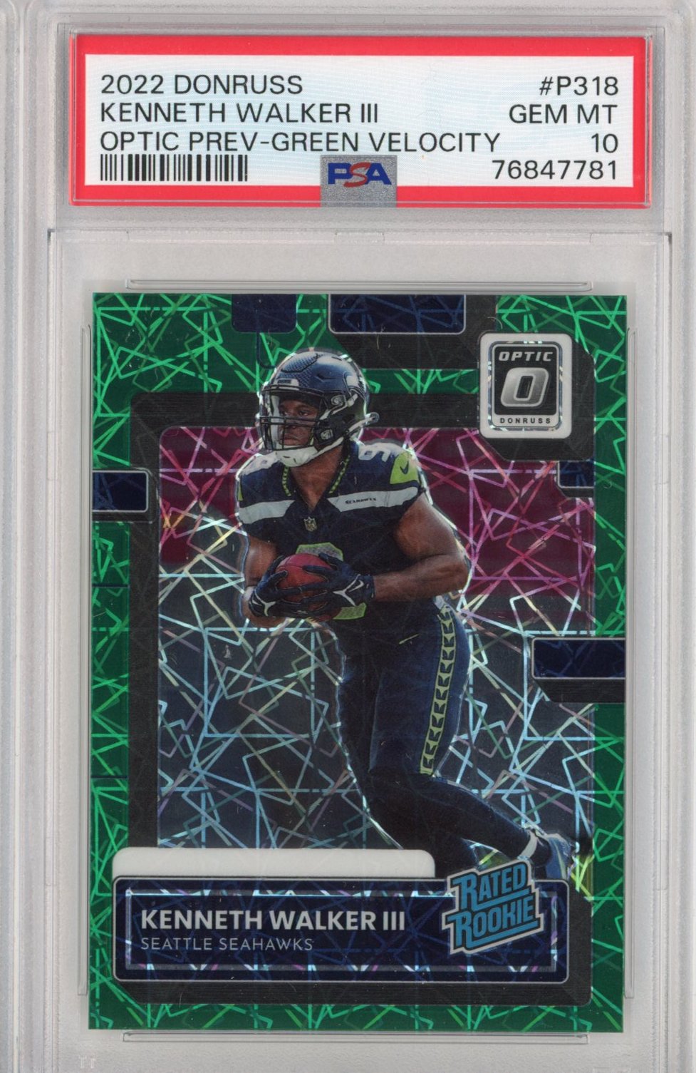 Graded 2022 Panini Donruss Optic Preview Kenneth Walker III #P318 Green Velocity Rookie RC Football Card PSA 10 Gem Mint