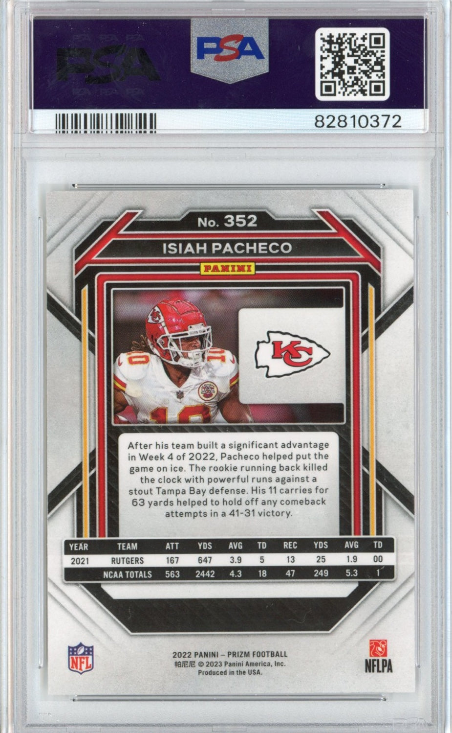 Graded 2022 Panini Prizm Isiah Pacheco #352 Rookie RC Football Card PSA 9 Mint